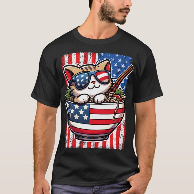 Camiseta El gato de Cute America comiendo Ramen (Anverso)