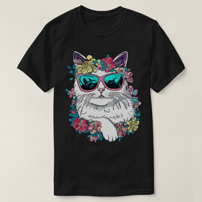 Camiseta El gato de la camioneta turca y las flores hermosa (Diseño del anverso)