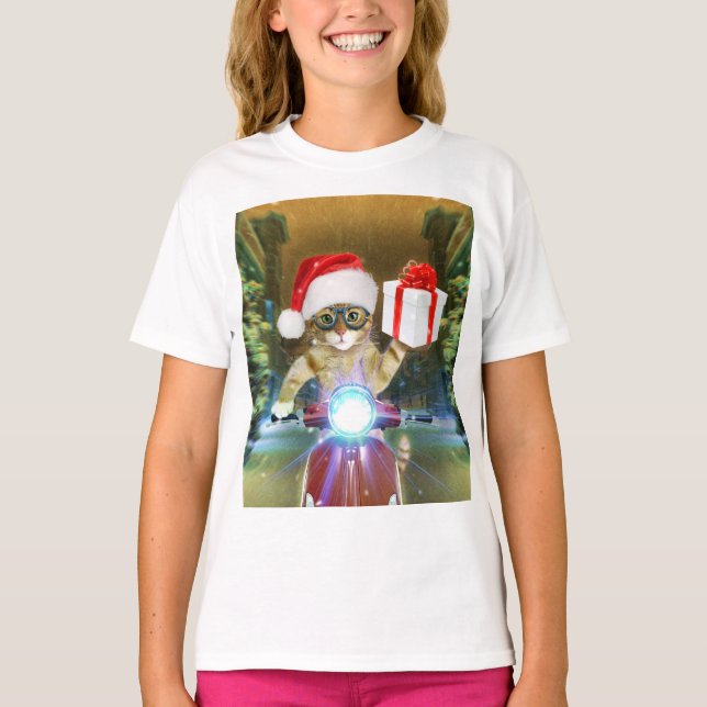 Camiseta El gato del gorra de Santa Claus entrega regalos a (Anverso)