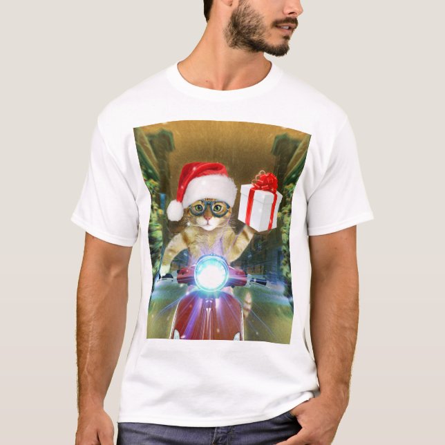Camiseta El gato del gorra de Santa Claus entrega regalos a (Anverso)