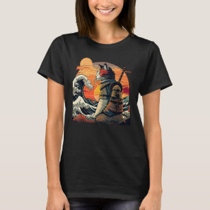 Camiseta El gato japonés retro samurai La gran ola de Hokus