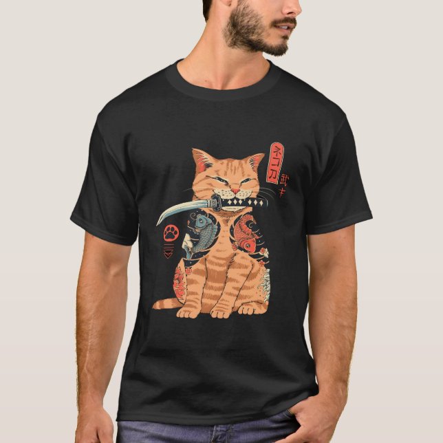 Camiseta El gato japonés samurai Ninja Kawaii Tattoo (Anverso)