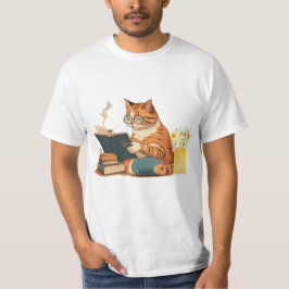 Camiseta El gato lee un libro y bebe café