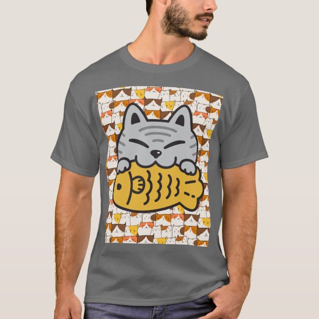 Camiseta El gato lindo Kawaii abrazando pescado - Funny Per (Anverso)