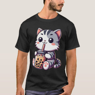 Camiseta El gato lindo Kawaii Gato Boba Leche de burbuja Té