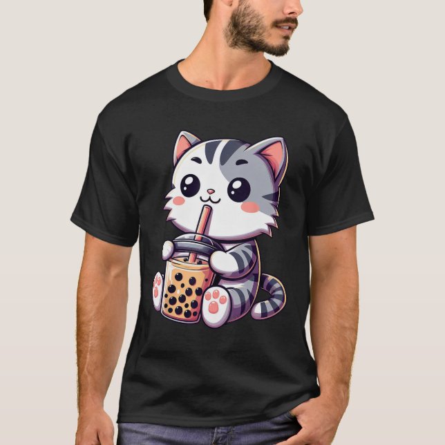 Camiseta El gato lindo Kawaii Gato Boba Leche de burbuja Té (Anverso)
