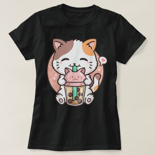 Camiseta El gato lindo Kawaii Gato Boba Leche de burbuja Té (Diseño del anverso)
