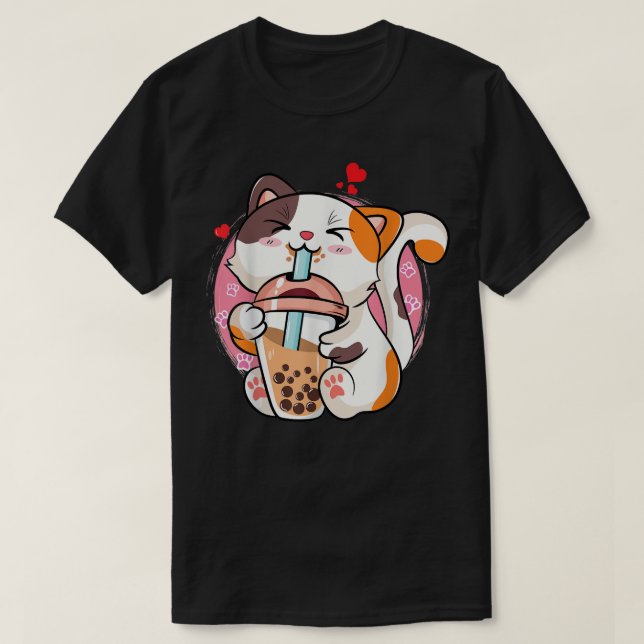 Camiseta El gato lindo Kawaii Gato Boba Leche de burbuja Té (Diseño del anverso)