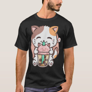 Camiseta El gato lindo Kawaii Gato Boba Leche de burbuja Té