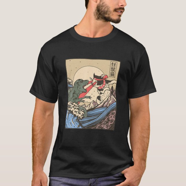 Camiseta El gato monstruo y los dinosaurios luchan al estil (Anverso)