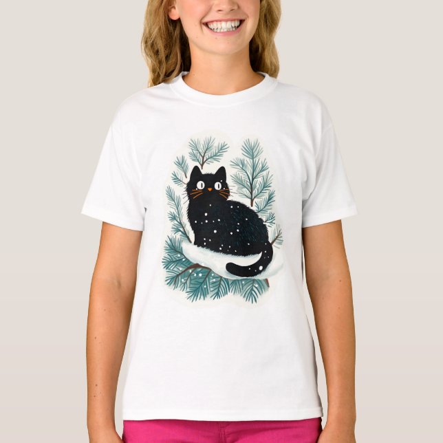 Camiseta El gato negro en el árbol de Navidad lindo (Anverso)