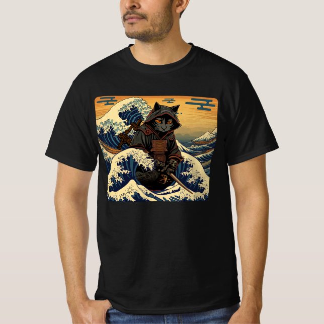 Camiseta El Gato Retro Japonés De Samurai La Gran Ola De Ho (Anverso)