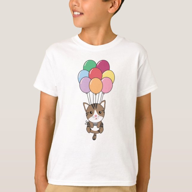 Camiseta El gato vuela con globos coloridos (Anverso)