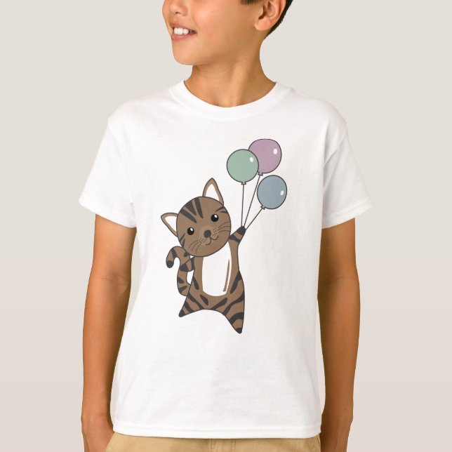 Camiseta El gato vuela con globos coloridos (Anverso)