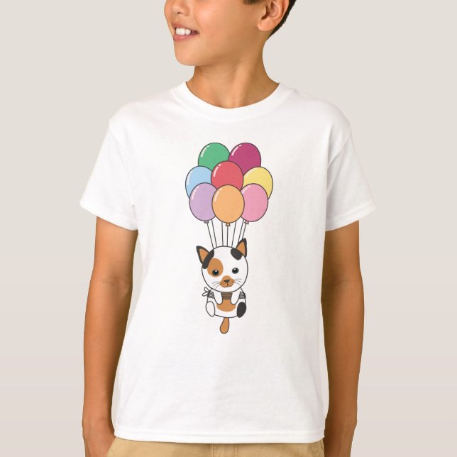Camiseta El gato vuela con globos coloridos (Anverso)