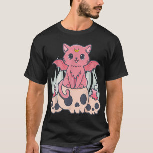 Camiseta El Gótico Kawaii Pastel, el gato y el cráneo de