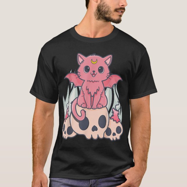 Camiseta El Gótico Kawaii Pastel, el gato y el cráneo de cr (Anverso)