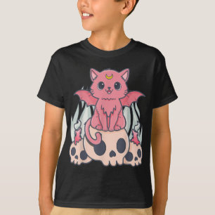 Camiseta El Gótico Kawaii Pastel, el gato y el cráneo de cr