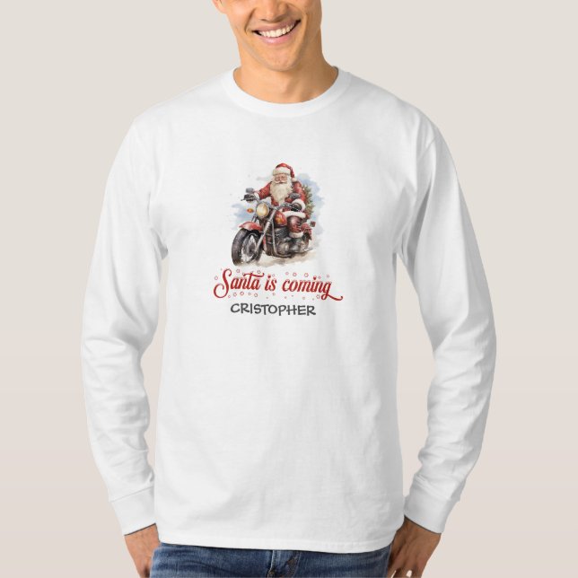 Camiseta El gracioso cómico Santa Claus en una motocicleta (Anverso)