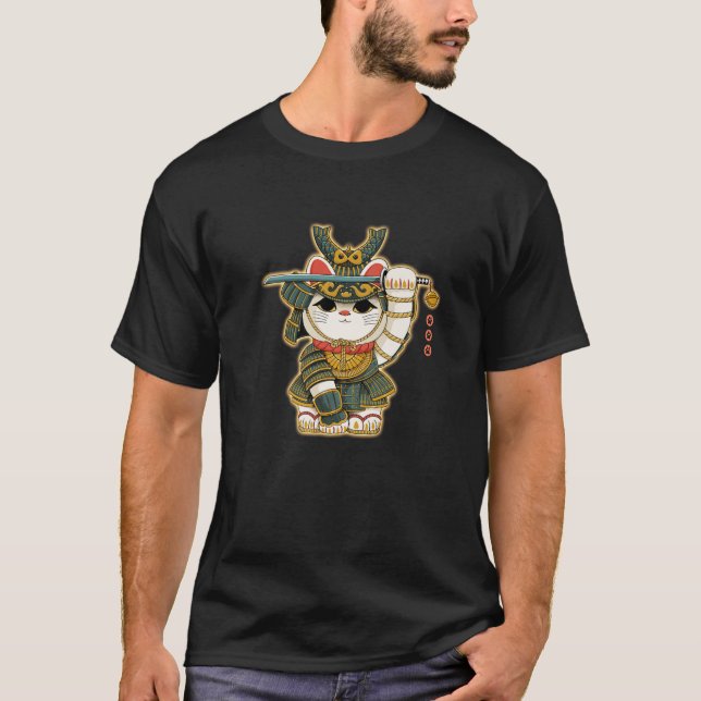 Camiseta El gracioso Gato Neko Lucky Samurai Japón Para Hom (Anverso)