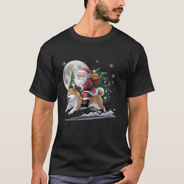 Camiseta El gracioso Papá Noel montando Shiba Inu (Anverso)