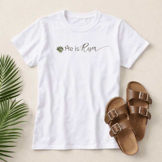 Camiseta Él ha Resucitado Hoja de Palma 3 Cruces Minimalist (He is Risen Palm Leaf 3 Crosses Easter Shirt)