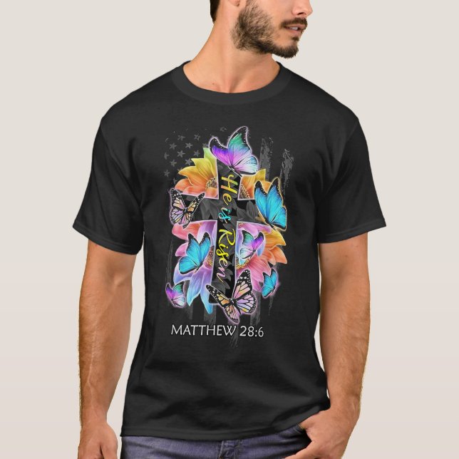 Camiseta Él ha resucitado Jesús Cruz Cristiana Mariposa Amé (Anverso)