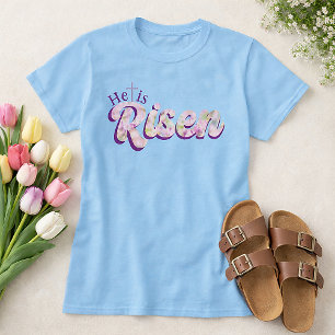 Camiseta Él ha resucitado Morado Floral Escritura Pascua Cr