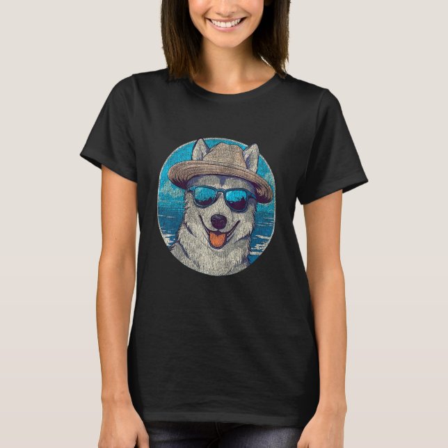 Camiseta El Husky Siberiano lindo con gafas de sol y Gorra (Anverso)