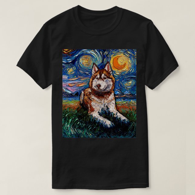 Camiseta El Husky Starry Night Dog Art rojo y blanco siberi (Diseño del anverso)