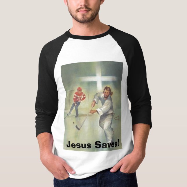 Camiseta ¡el Jesús-hockey-jugador, Jesús ahorra! (Anverso)