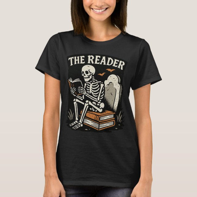 Camiseta El lector | Skeleton Booklover Halloween T-Shirt (Anverso)