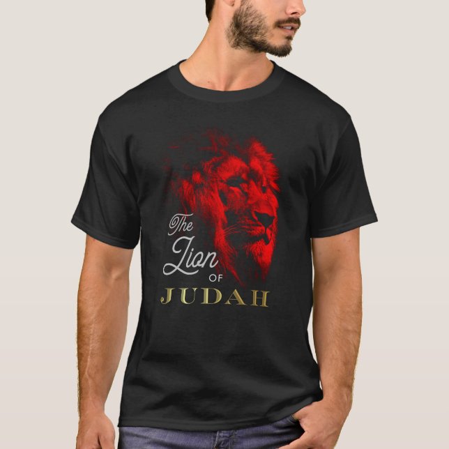 Camiseta El León de Judá Rojo Negro Oro Cristiano (Anverso)