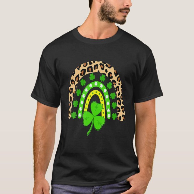 Camiseta El leopardo arcoiris limpio Shamrock Lucky St Patr (Anverso)