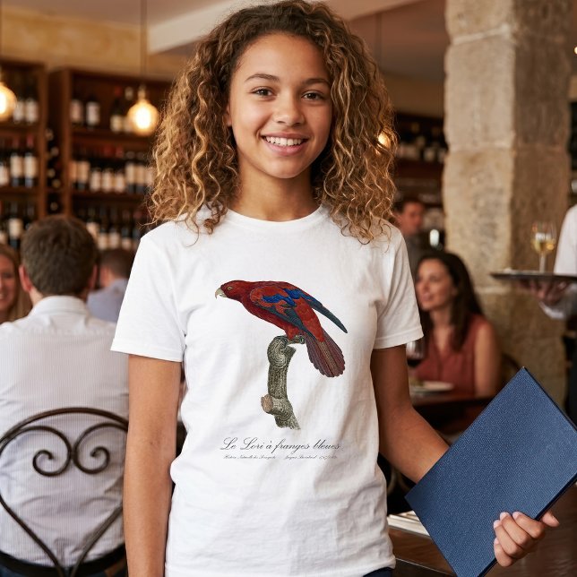 Camiseta El Lori de Franjas Azules (Long-Tailed Red Lory, Trichoglossus borneus. Girl Basic White T-Shirt)