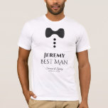Camiseta El mejor hombre negro se burla del Boda de Tuxedo<br><div class="desc">Estas divertidas camisetas están diseñadas como favores o regalos para tu mejor hombre. La camiseta es blanca y tiene una imagen de una corbata de arco negro y tres botones. El texto dice Mejor hombre, y tiene un lugar para introducir su nombre así como el nombre de la pareja boda...</div>