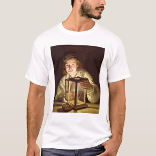 Camiseta El mozo de cuadra joven con una lámpara estable,