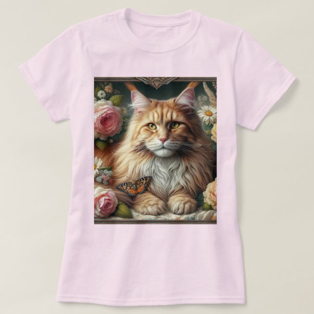 Camiseta El Naranja victoriano Maine Coon Cat con rosas ros (Diseño del anverso)