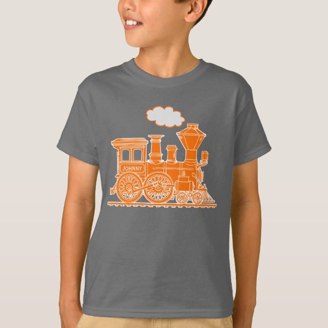 Camiseta El nombre de encargo del vapor del tren anaranjado (Anverso)