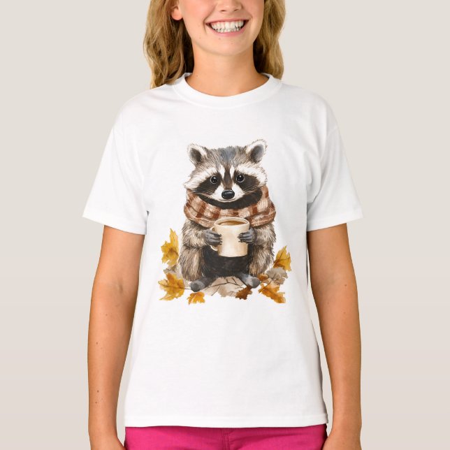 Camiseta El otoño deja raccoon acogedor con taza de café (Anverso)