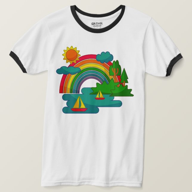 Camiseta El paisaje de los viajes en barco bajo las nubes d (Anverso del diseño)