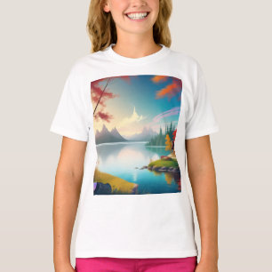 Camiseta El paisaje natural con un lago y una cabaña