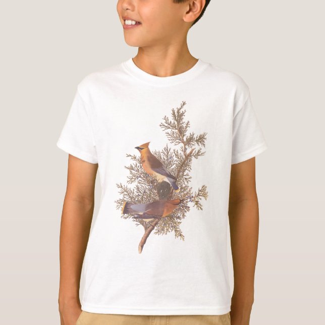 Camiseta El par de pájaros de cedro de Audubon sobre el árb (Anverso)