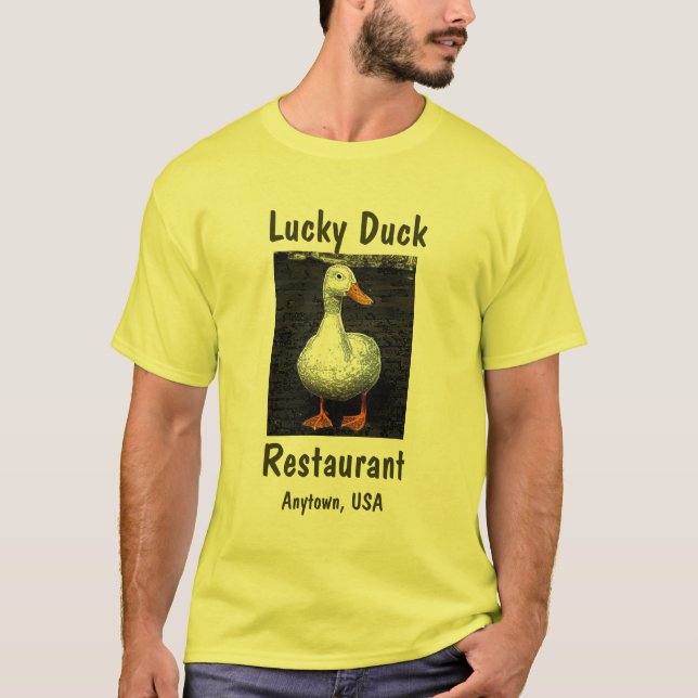 Camiseta El pato afortunado, restaurante, añade su ciudad (Anverso)