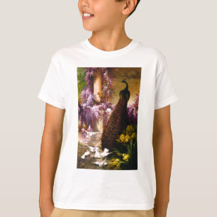 Camiseta El pavo real y las palomas en un jardín