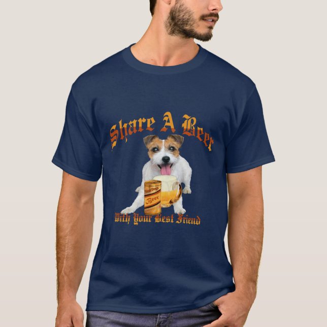 Camiseta el pelo largo Jack Russell comparte una cerveza (Anverso)