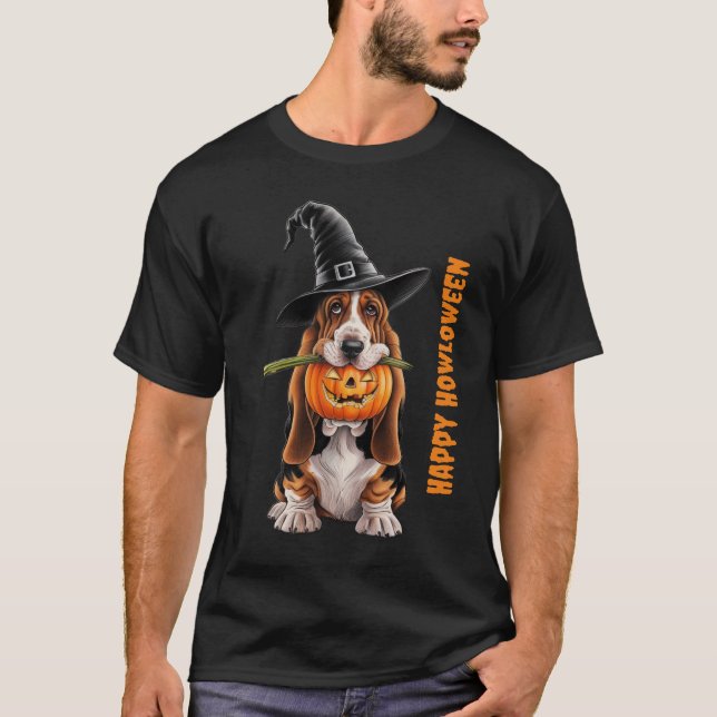 Camiseta El perro de Basset con brujas gorra y calabaza (Anverso)