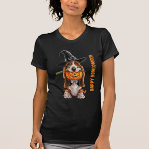 Camiseta El perro de Basset con brujas gorra y calabaza