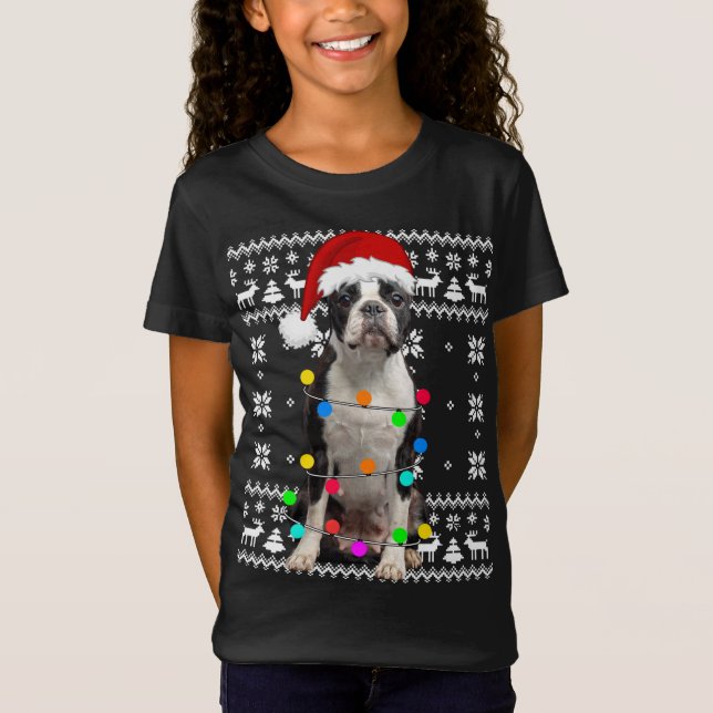 Camiseta El perro de Boston alumbra a Santa Hat Chr (Anverso)