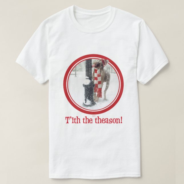 Camiseta El perro divertido del navidad lame a poste (Diseño del anverso)